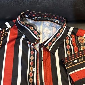 SHEIN Men's Red, Black & White Striped Button-Down Shirt with Geometric Trim